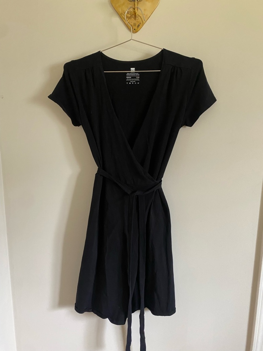 Pact Black Short Sleeve Wrap Cotton Mini Dress with Tie Waist